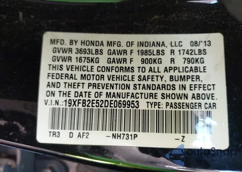 2013 Honda Civic Lx z USA, uszkodzony, nr VIN 19XFB2E52DE069953